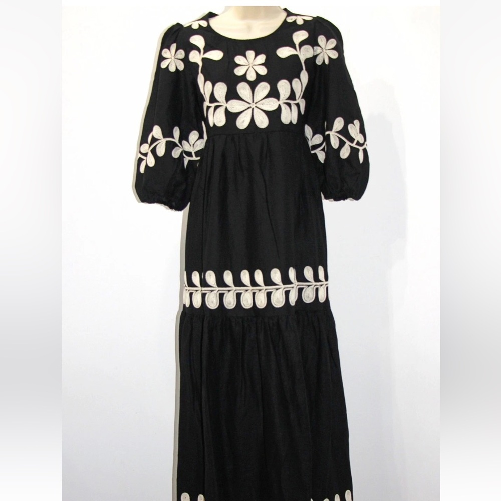 CAROLINE CONSTAS Black Linen Blend Embroidery Maxi Dress
